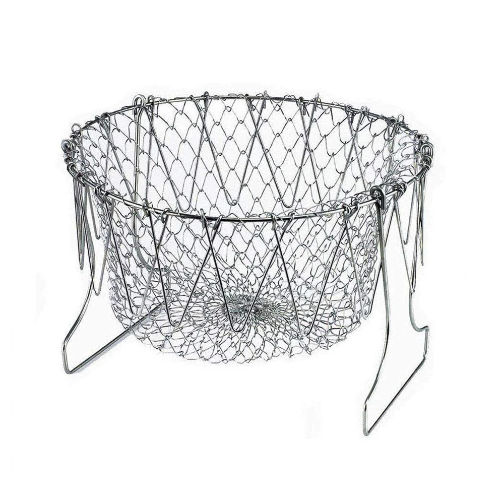 Stainless Steel Multi-Functional Foldable Chef Basket – Deluxe Kitchen Colander, Mesh Steam, Rinse, Strain & Fry Basket